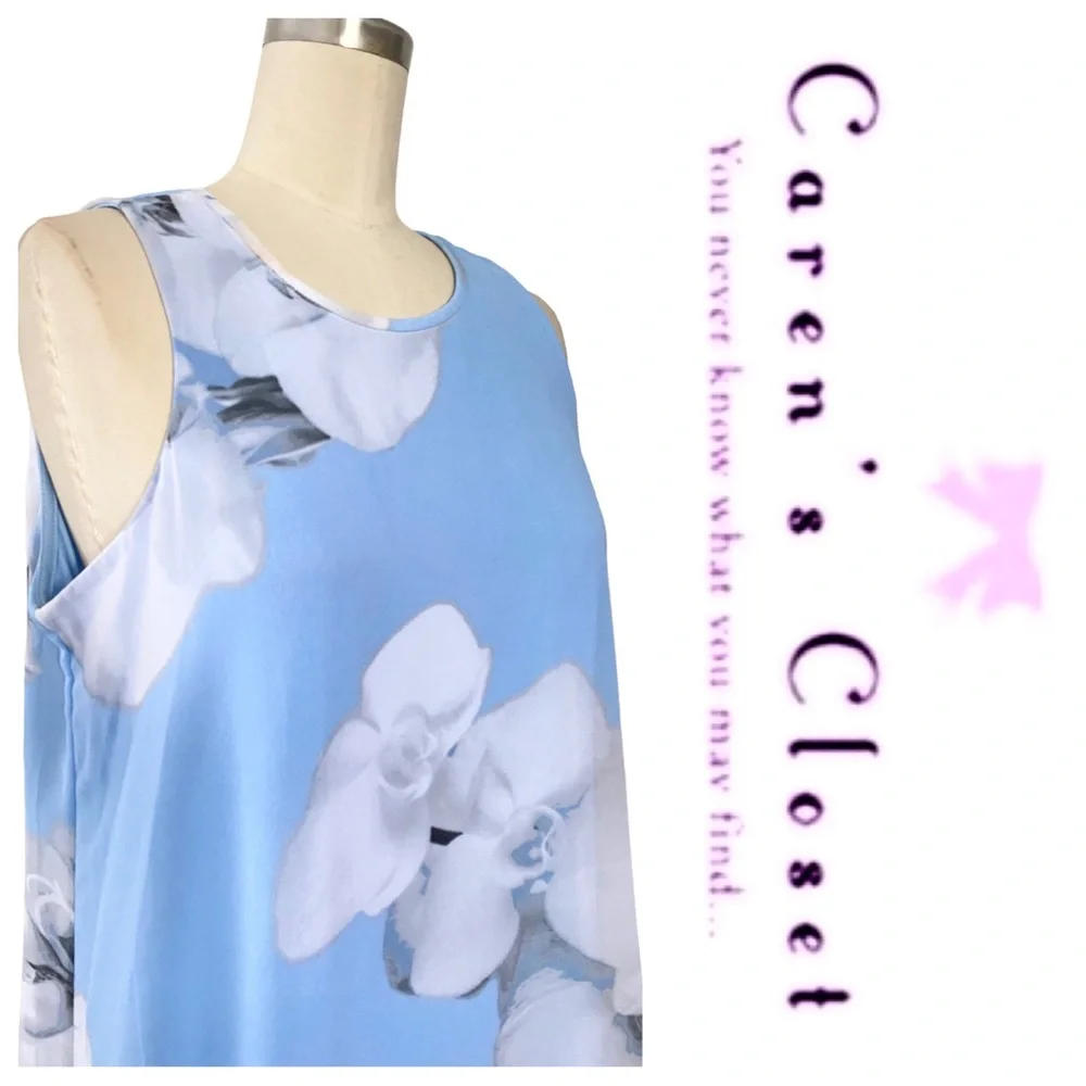 Calvin Klein Powder Blue Floral Print Chiffon Trapeze Sleeveless Dress - Picture 7 of 10